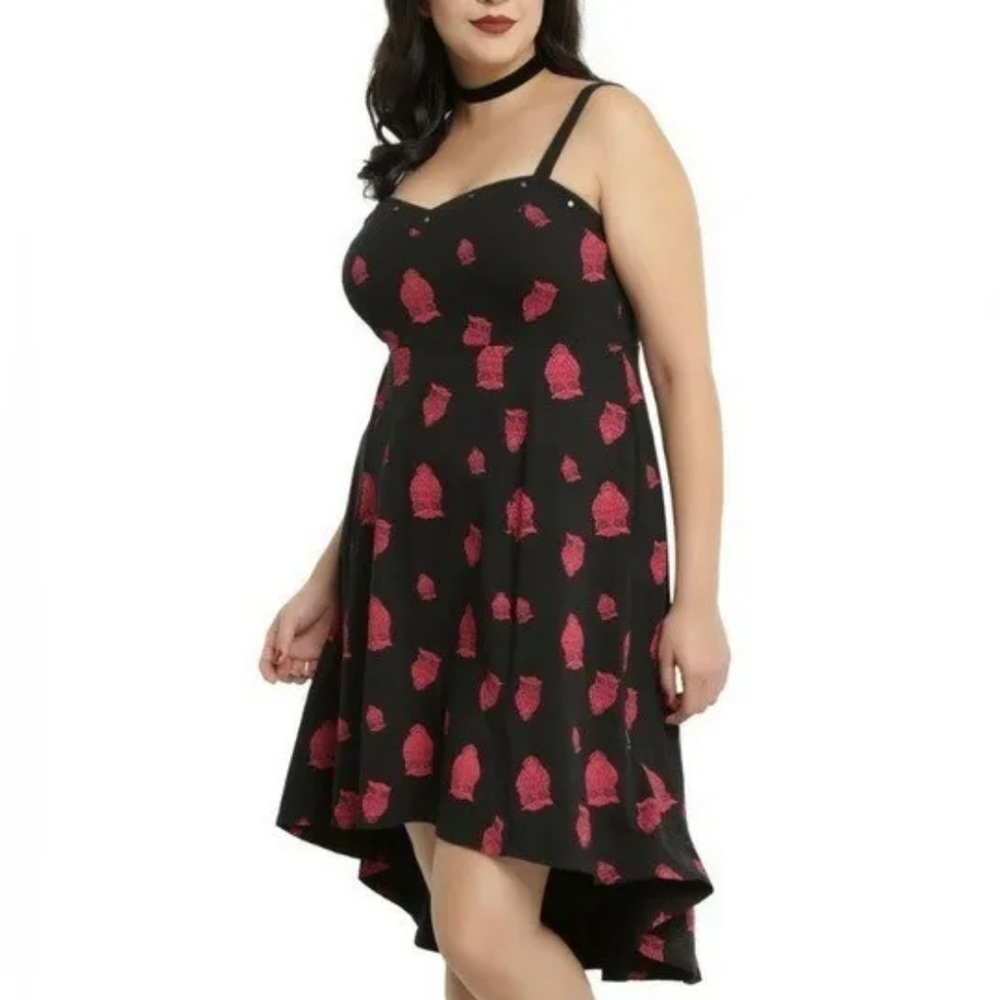 Tripp NYC Black & Red Owl Print Rockabilly Low High Studded Hem Dress Size L/12
